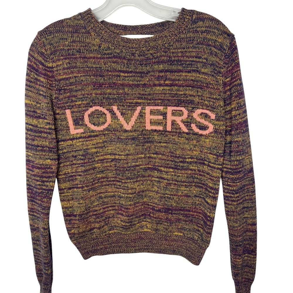 Lovers + Friends Womens Lovers Graphic Space Dye Knit Sweater Purple Gold Small